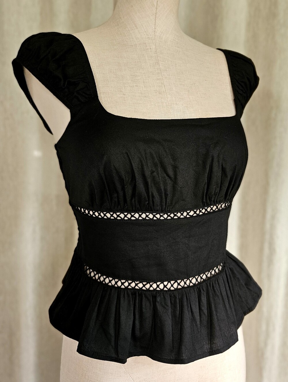 Black Peplum Peasant Blouse Top